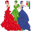 Additive color model RGB. Girls in long evening gowns. Fashion.