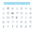 Additive manufacturing linear icons set. D printing, Layering, Polymerization, Filament, Resin, Laser, Retraction line