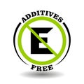 Additives free vector stamp with prohibited letter E icon. No preservatives sign for natural healthy food, organic cosmetics