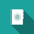 Address book icon isolated with long shadow. Notebook, address, contact, directory, phone, telephone book icon