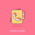 Address phone book icon in comic style. Telephone notebook cartoon vector illustration on isolated background. Hotline contact Royalty Free Stock Photo