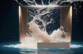 An adduction podium, a stage with splashes of water and bright lighting. Ai generation.