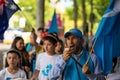 Uyghur Australian Nurmuhammad Majid calls slogans on a megaphone