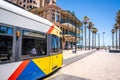 Adelaide tram at the terminus at Moseley square in Glenelg and view of the beach and jetty in the distance in Glenelg SA Australia