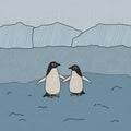 Adelie penguins near the ocean and icebergs. Vector cute cartoon hand drawn illustration of the animal in Antarctica Royalty Free Stock Photo