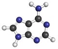 Adenine (A, Adenine) purine nucleobase molecule. Base present in DNA and RNA. Atoms are represented as spheres with conventional