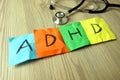 ADHD Attention Deficit Hyperactivity Disorder abbreviation handwritten on sticky notes