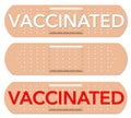 An adhesive bandage with the word vaccinated on it is isolated on a white background