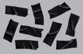 Adhesive duct tape pieces set. Realistic black insulating tape collection, sticky scotch elements.