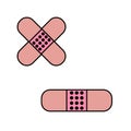 Adhesive plaster icon. Pink sign. Cross and linear. Medicine element. Cartoon design. Vector illustration. Stock image.