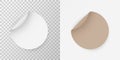 Adhesive round stickers with a folded edges. Vector white and cardboard circle tads mockup Royalty Free Stock Photo