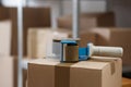 Adhesive tape dispenser on cardboard box indoors, closeup Royalty Free Stock Photo