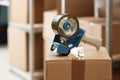 Adhesive tape dispenser on cardboard box indoors. Space for text Royalty Free Stock Photo