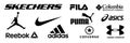 Adidas, Nike, Reebok, Asics, Jordan, Puma, Under Armour, Fila, Columbia, Skechers, Converse - logos of sports equipment and