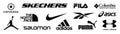 Adidas, Nike, Reebok, Asics, Jordan, Puma, Under Armour, Fila, Columbia, Skechers, Converse, Salomon, The north face - logos of