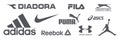 Adidas, Nike, Reebok, Asics, Jordan, Puma, Under Armour, Fila, Diadora, Slazenger - logos of sports equipment and sportswear