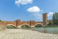 Adige River and fortified bridge Verona Castel Vecchio Bridge Ponte di Castelvecchio or Ponte Scaligero, Verona, Italy Royalty Free Stock Photo