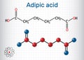 Adipic acid or hexanedioic, dicarboxylic acid molecule. It is food additive E355, also is used as precursor for the production of