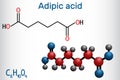 Adipic acid or hexanedioic, dicarboxylic acid molecule. It is food additive E355, also is used as precursor for the production of