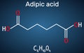 Adipic acid or hexanedioic, dicarboxylic acid molecule. It is food additive E355, also is used as precursor for the production of