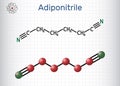 Adiponitrile molecule. It is precursor to the polymer nylon 66. Sheet of paper in a cage. Structural chemical formula, molecule