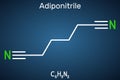 Adiponitrile molecule. It is precursor to the polymer nylon 66. Structural chemical formula on the dark blue background. Vector