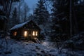 Adirondack Cabin, Hunting Cabin. winter night fantasy forest. Christmas season landscape. Wooden hut. Royalty Free Stock Photo