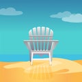 Adirondack chair on the sea beach standing on the yellow sand under the blue cloudy sky