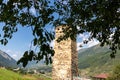 Adishi - A close up on a lookout tower in Zhabeshi, small village in Georgian mountains. The view on the tower is disturbed Royalty Free Stock Photo