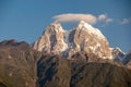 Adishi - First sunrise reaching the peaks of Ushba in Caucasus, Georgia. Cloudless sky above the high and snow-capped mountains Royalty Free Stock Photo