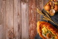 Adjarian Khachapuri is a traditional Georgian dish of sulguni cheese-filled bread with egg yolk. Royalty Free Stock Photo