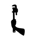 Adjustable plumber wrench, pipe wrench in hand, icon tool, black silhouette isolated on white background. Flat design. Instrument Royalty Free Stock Photo