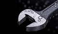 An adjustable wrench glistens with water droplets, set against a dramatic black backdrop for a striking visual. Royalty Free Stock Photo