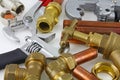 New copper pipework and fittings ready for construction Royalty Free Stock Photo