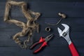 Adjustable wrench, pliers and fitting Royalty Free Stock Photo