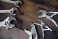 Adjustable wrench or spanner wrench and Locking pliers on wooden background, Prepare basic hand tools for work