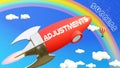 Adjustments lead to achieving success in business and life. Cartoon rocket labeled with text Adjustments, flying high in the blue