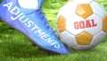 Adjustments and a life goal - pictured as word Adjustments on a football shoe to symbolize that Adjustments can impact a goal and