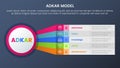 adkar model change management framework infographic 5 stages with big circle and rainbow long shape information and dark style