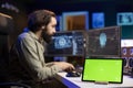IT admin upgrading high tech AI, mockup tablet on desk, close up