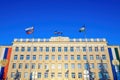 Administration of city district of Ufa, government office with flags of city, Bashkortostan and Russia. Copy space Royalty Free Stock Photo