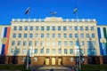 Administration of city district of Ufa, government office with flags of city, Republic of Bashkortostan and Russia Royalty Free Stock Photo