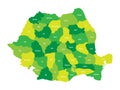 Administrative counties of Romania. Vector map in four shades of green Royalty Free Stock Photo