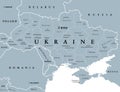 Ukraine, administrative divisions and centers, gray political map