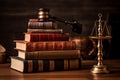 administrative law concept with old law books stack on top of wooden table, generative AI Royalty Free Stock Photo