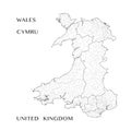 Administrative Map of Wales, United Kingdom with communities, principal areas and preserved counties