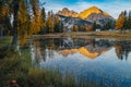 Admirable autumn sunrise landscape with Antorno lake in Dolomites, Italy