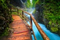 Noisy Radovna river in Vintgar gorge with wooden footbridge, Slovenia