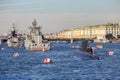 Admiral Makarov frigate, Stoykiy corvette and diesel-electric submarine Dmitrov on the day of the Russian Fleet in St. Petersburg