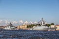 Admiral Makarov frigate and Stoykiy corvette on the naval parade on the day of the Russian Fleet in St. Petersburg